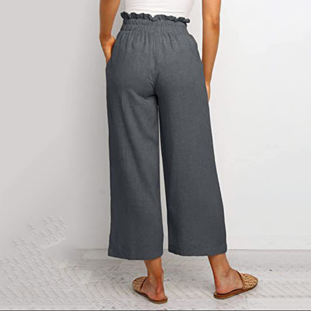 Vintage Plain Elastic Waist Drawstring Pocket Loose Casual Pant