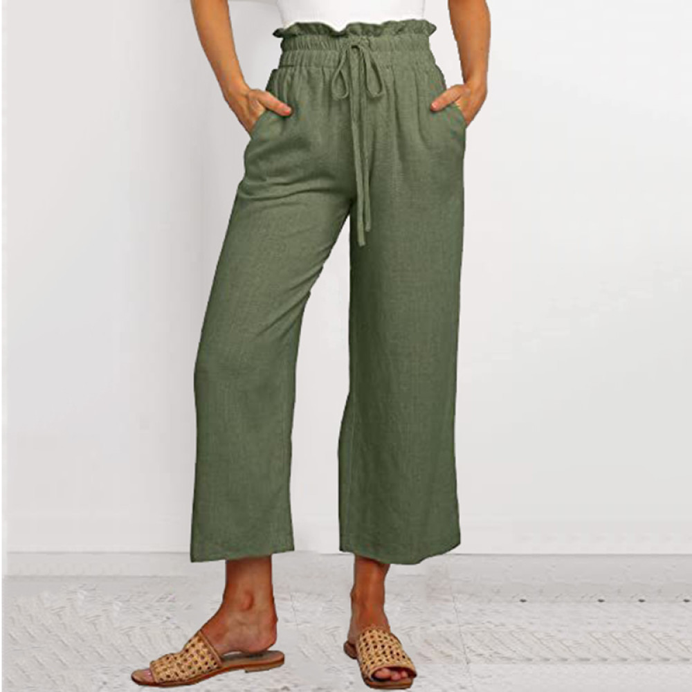 Vintage Plain Elastic Waist Drawstring Pocket Loose Casual Pant