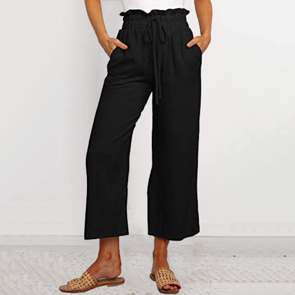 Vintage Plain Elastic Waist Drawstring Pocket Loose Casual Pant