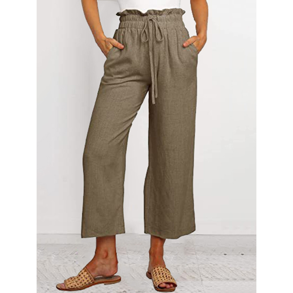 Vintage Plain Elastic Waist Drawstring Pocket Loose Casual Pant