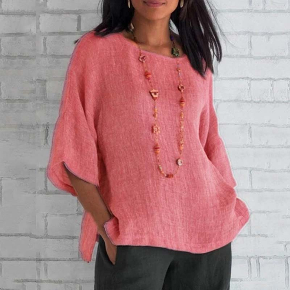 3/4 Sleeve Round Neck Cotton and Linen T-Shirt