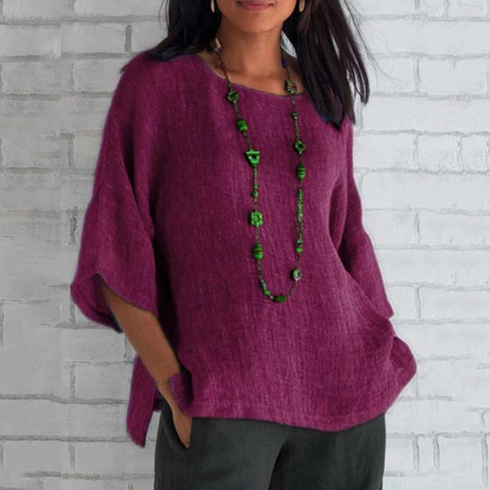 3/4 Sleeve Round Neck Cotton and Linen T-Shirt
