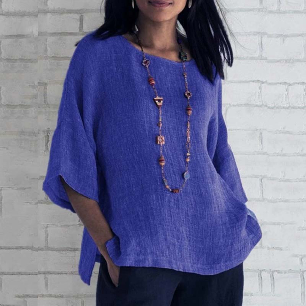3/4 Sleeve Round Neck Cotton and Linen T-Shirt
