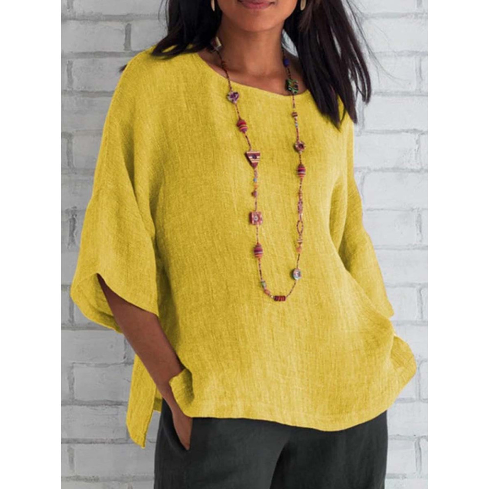 3/4 Sleeve Round Neck Cotton and Linen T-Shirt
