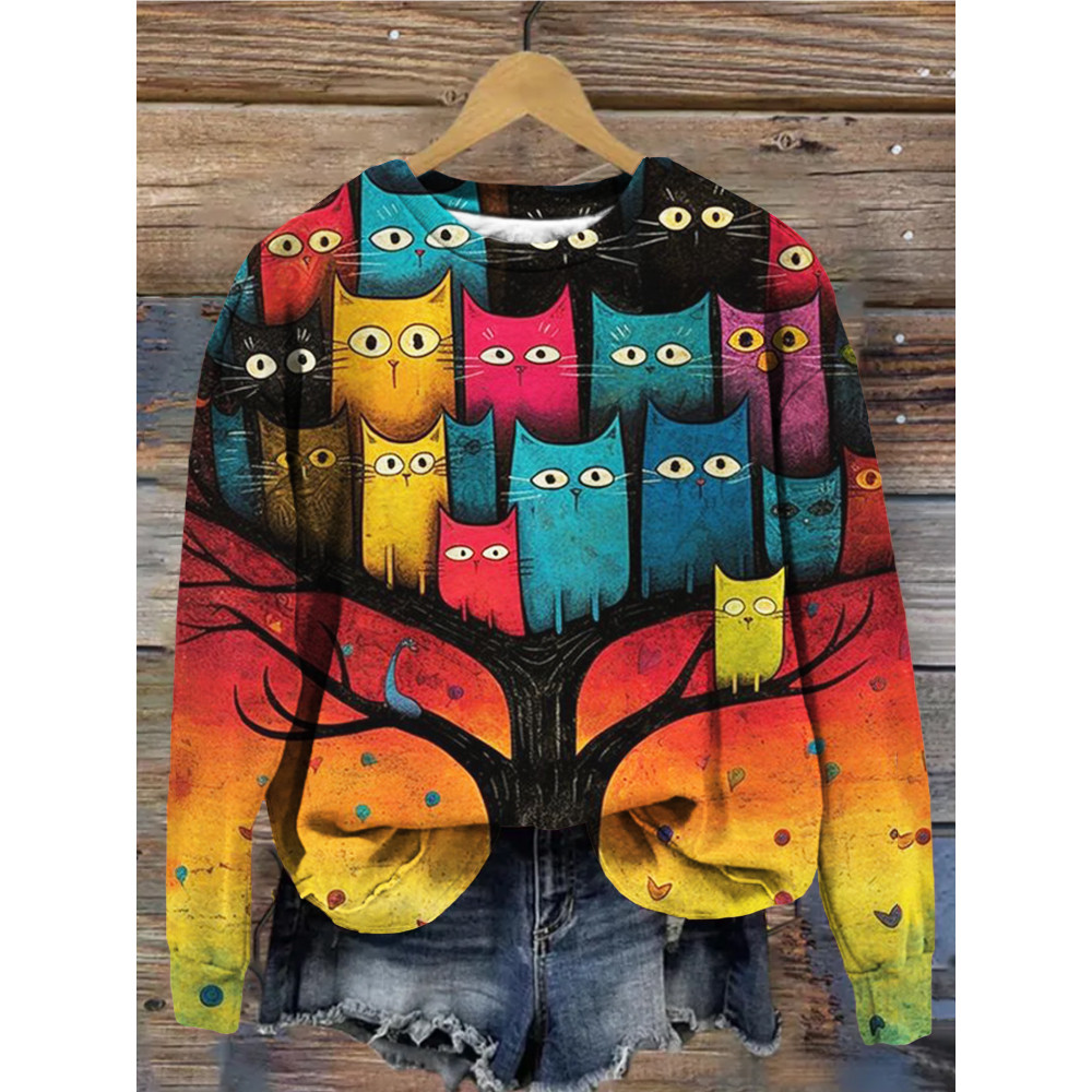 A Tree of Cats Pattern Print Comfy Sweatshirt