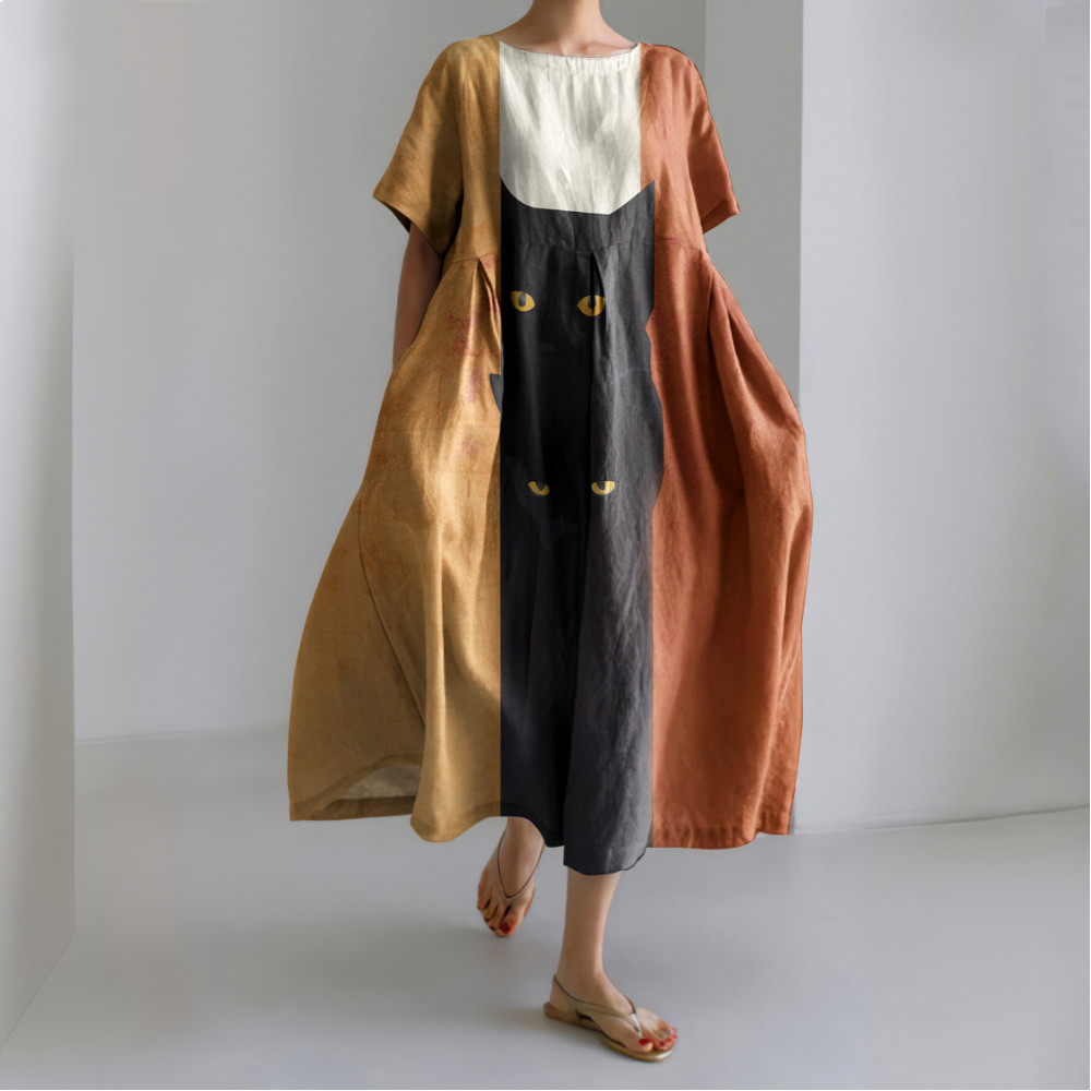 Abstract Black Cat Painting Art Linen Blend Maxi Dress