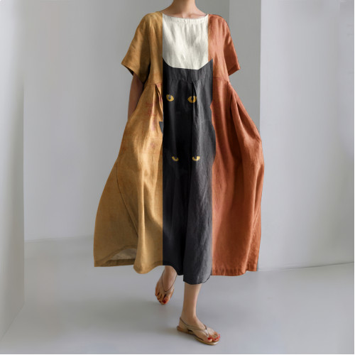 Abstract Black Cat Painting Art Linen Blend Maxi Dress