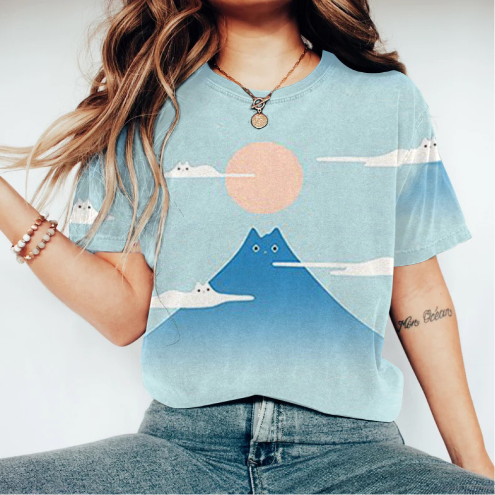 Abstract Cat Clouds Mountain Sunset Art T-Shirt