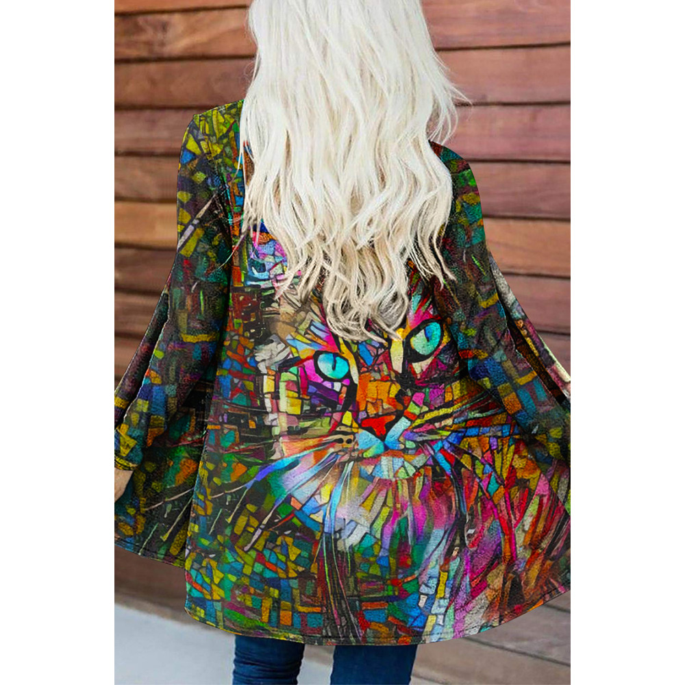 Abstract Cat Print Casual Long Sleeve Cardigan