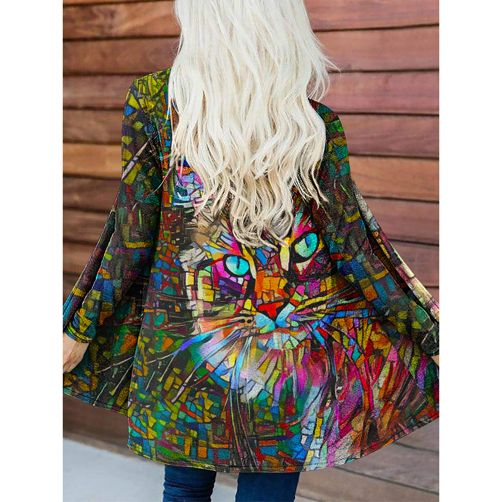 Abstract Cat Print Casual Long Sleeve Cardigan