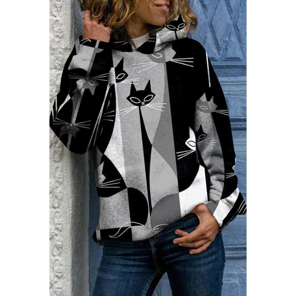 Abstract Cat Print Long Sleeve Hoodie
