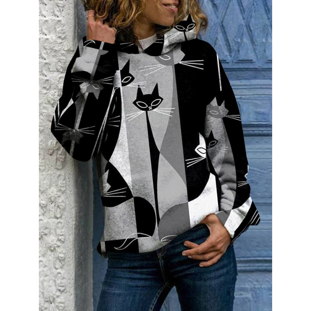 Abstract Cat Print Long Sleeve Hoodie