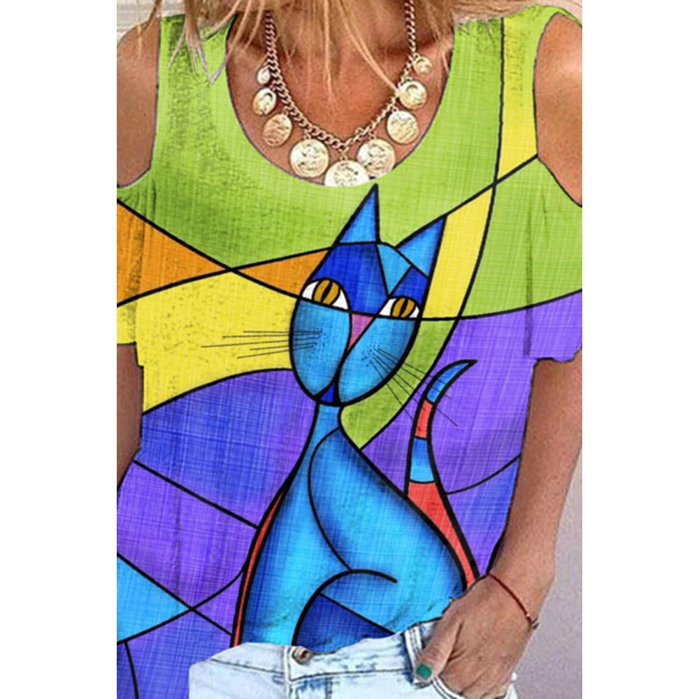 Abstract Cat Print Off-The-Shoulder T-Shirt