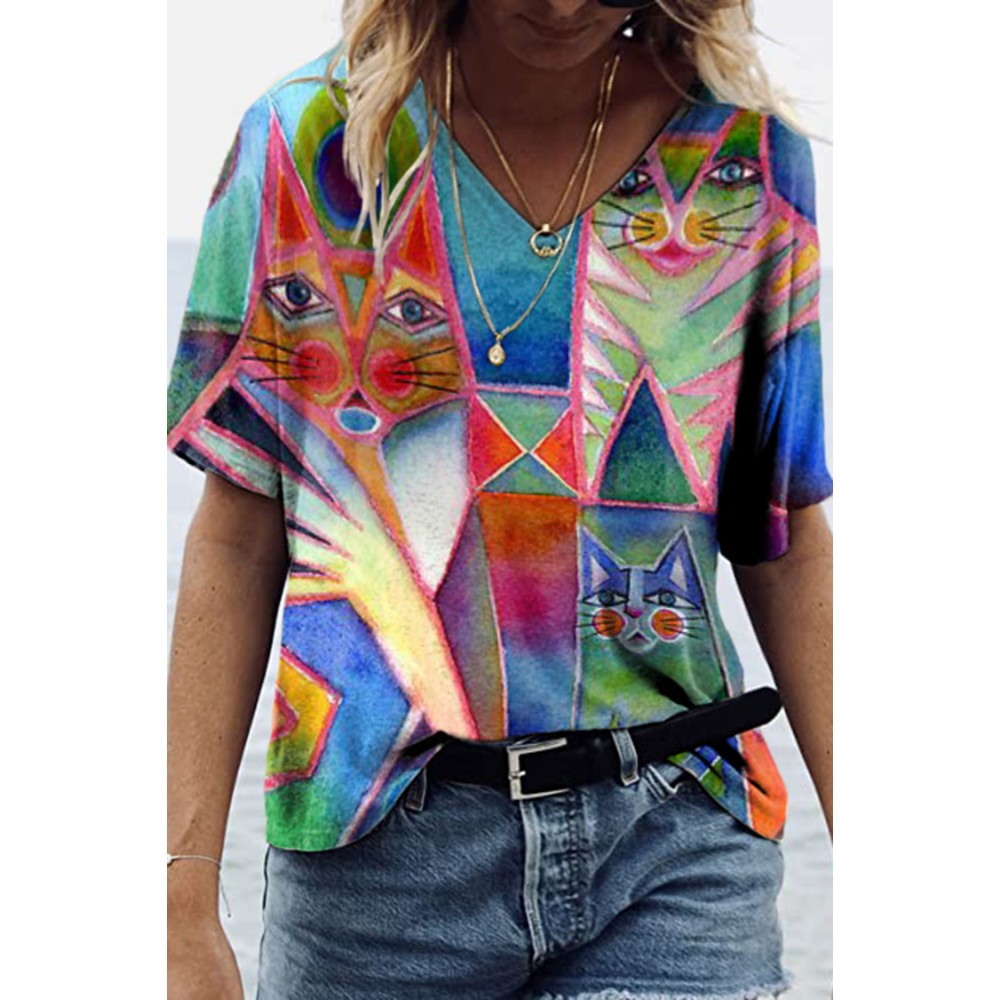 Abstract Colorblock Cat Print Short Sleeve T-Shirt