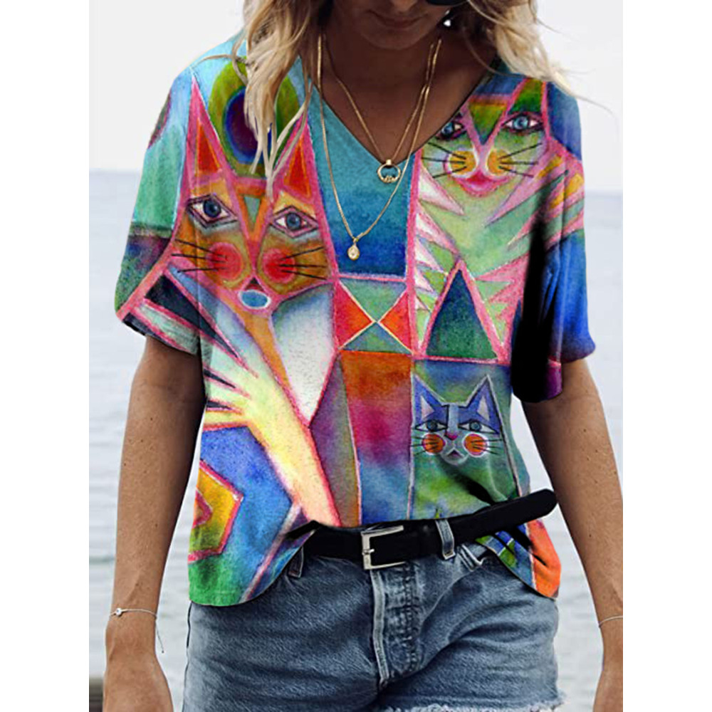 Abstract Colorblock Cat Print Short Sleeve T-Shirt