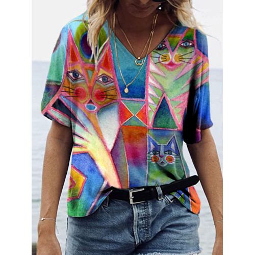 Abstract Colorblock Cat Print Short Sleeve T-Shirt