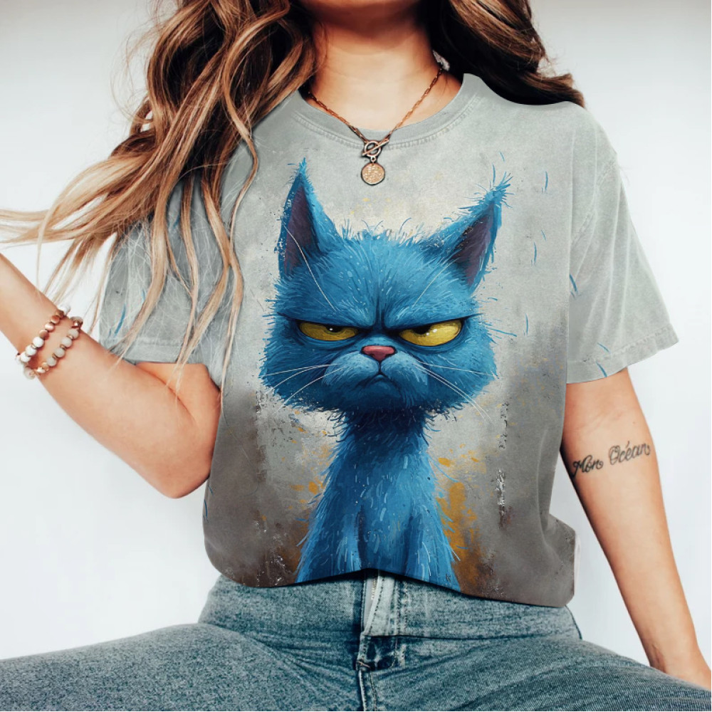 Abstract Creative Angry Blue Cat Painting Art T-Shirt