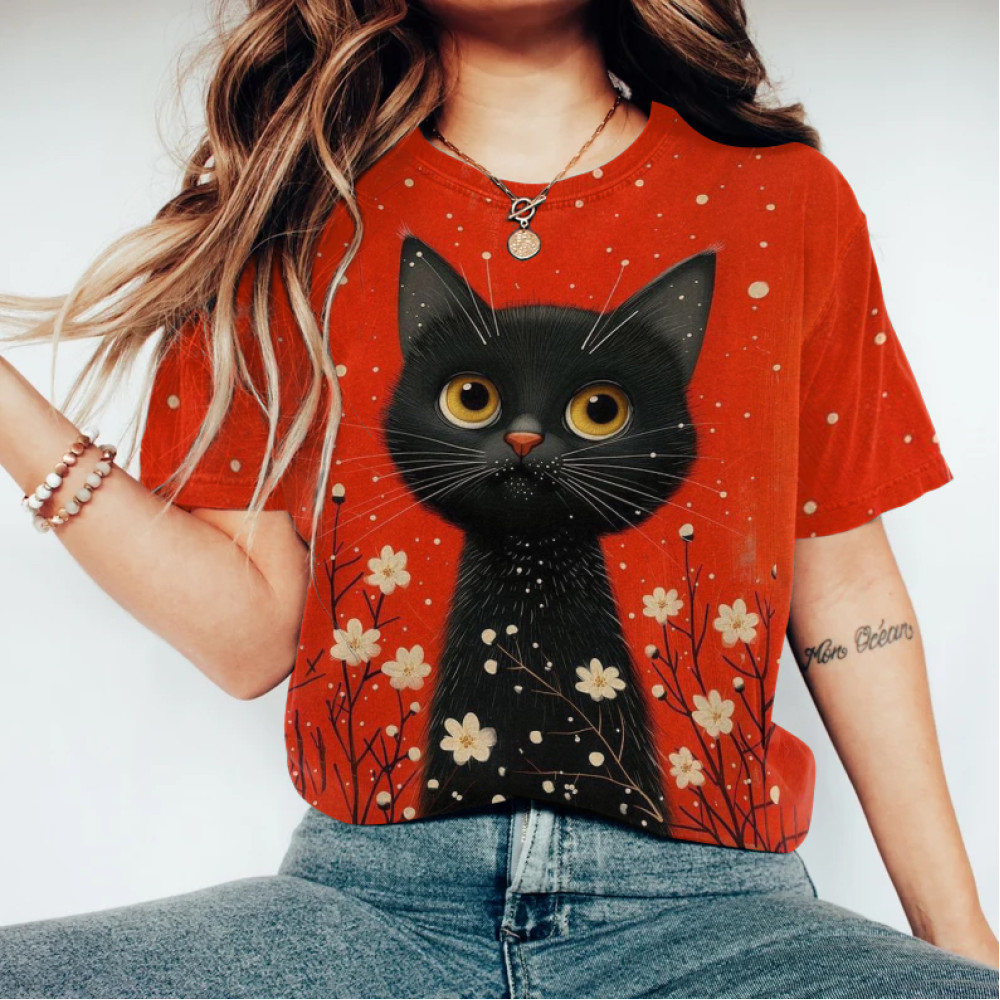 Abstract Creative Black Cat Among Flowers Painting Art T-Shirt