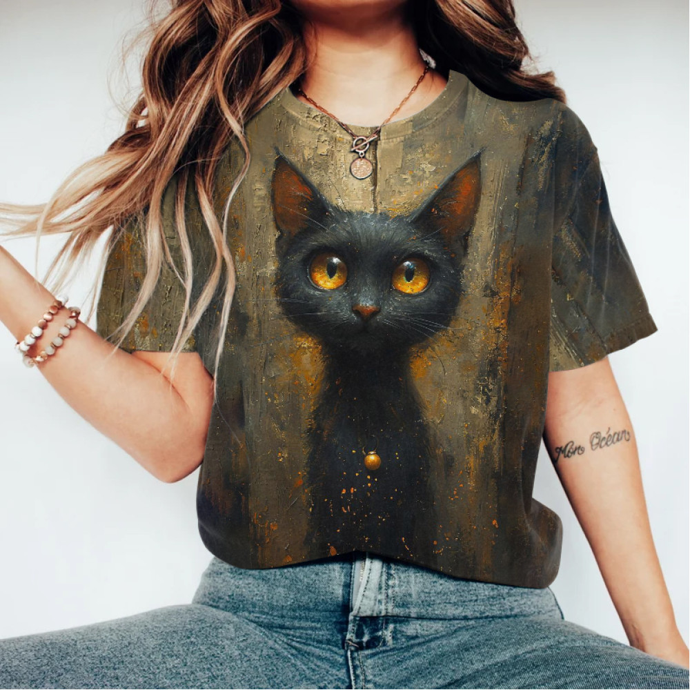 Abstract Creative Black Cat Painting Art T-Shirt