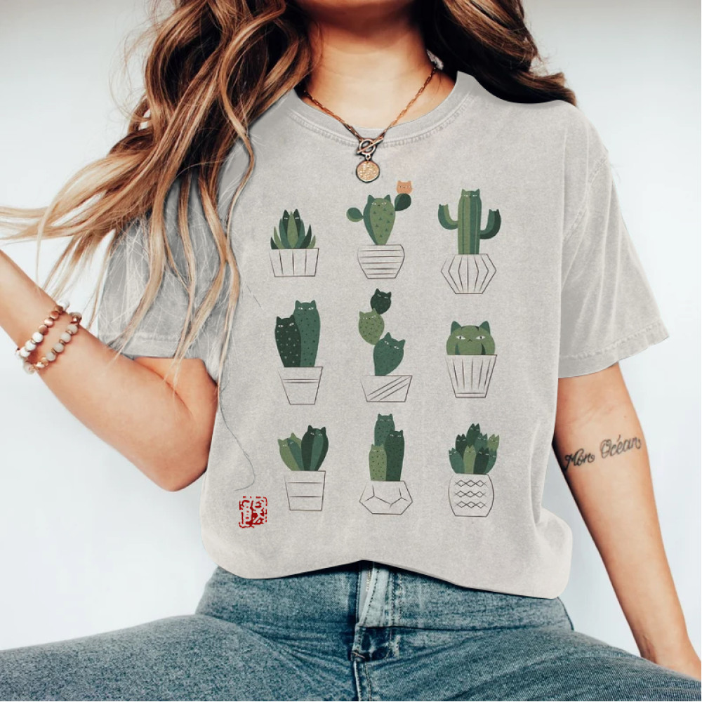 Abstract Creative Cactus Potted Plant And Cute Cat Painting Art T-Shirt