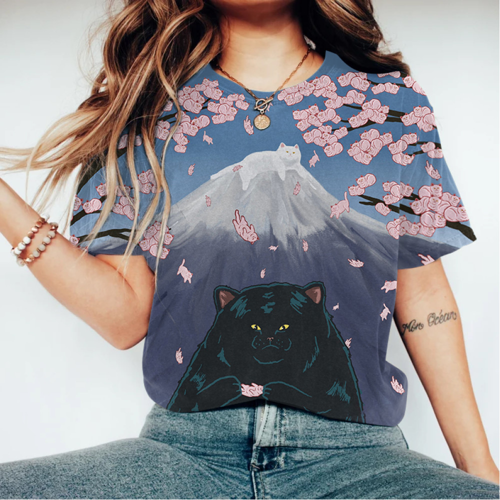 Abstract Creative Cat Sakura Mount Fuji Painting Art T-Shirt
