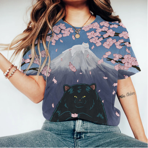 Abstract Creative Cat Sakura Mount Fuji Painting Art T-Shirt