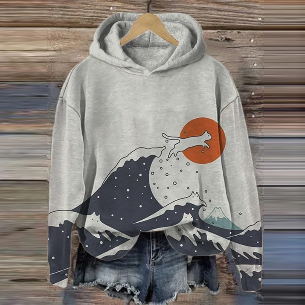 Abstract Creative Cat Wave Japanese Art Painting Print Hoodie