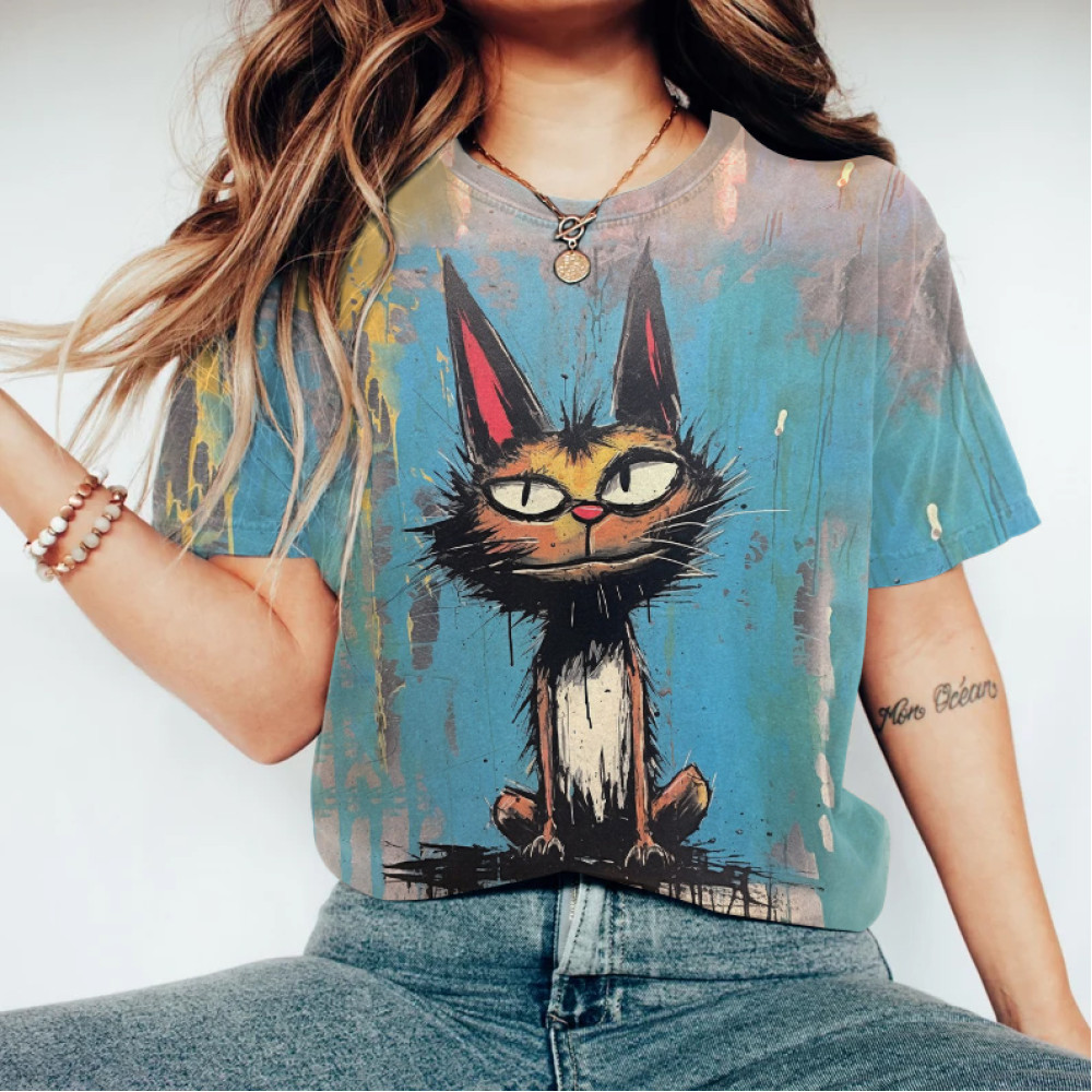 Abstract Creative Contempt Cat Painting Art T-Shirt