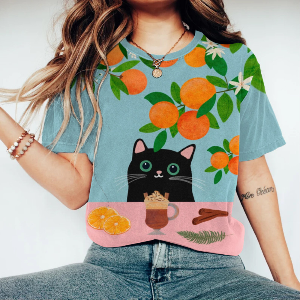 Abstract Creative Cute Black Cat Enjoying High Tea Painting Art T-Shirt