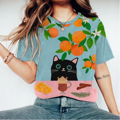 Abstract Creative Cute Black Cat Enjoying High Tea Painting Art T-Shirt