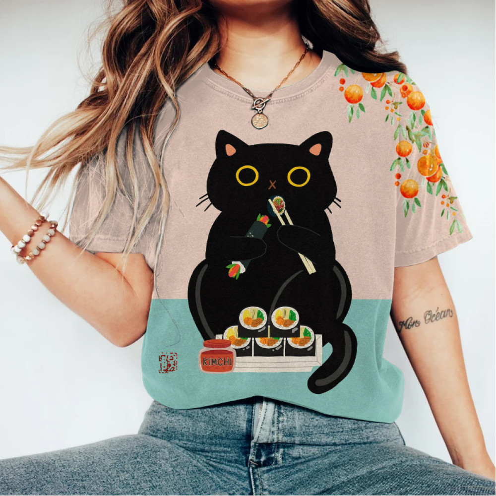 Abstract Creative Cute Black Cat Love Kimbap Korean Sushi Painting Art T-Shirt