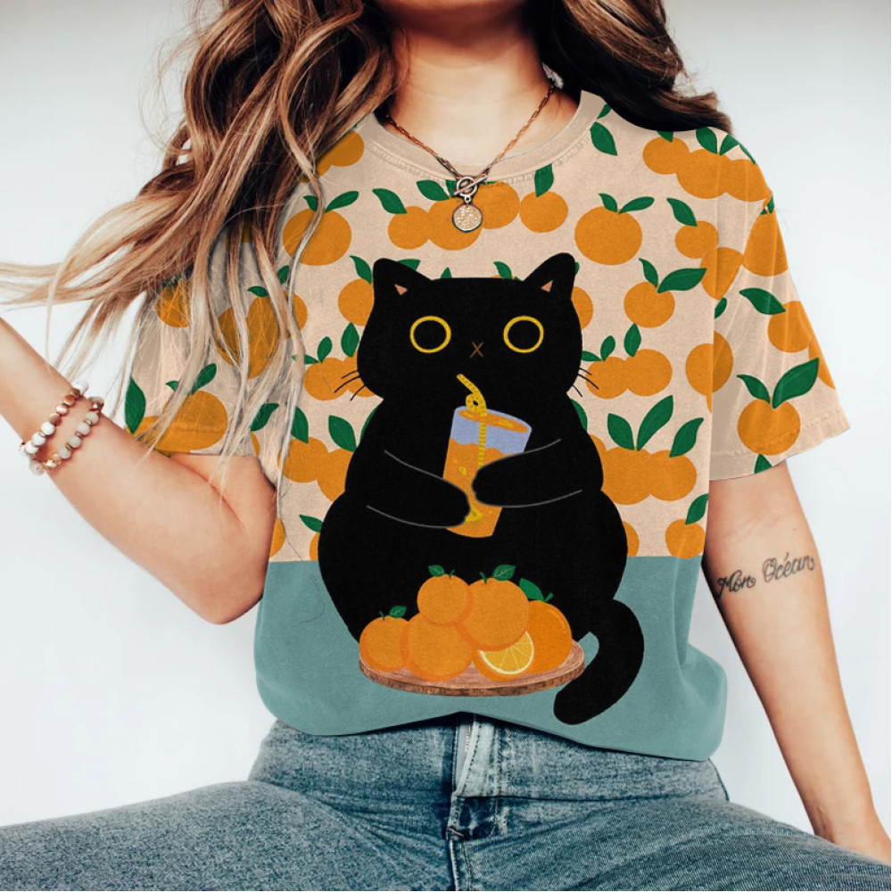 Abstract Creative Cute Black Cat Love Orange Juice Painting Art T-Shirt