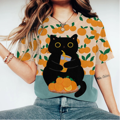 Abstract Creative Cute Black Cat Love Orange Juice Painting Art T-Shirt