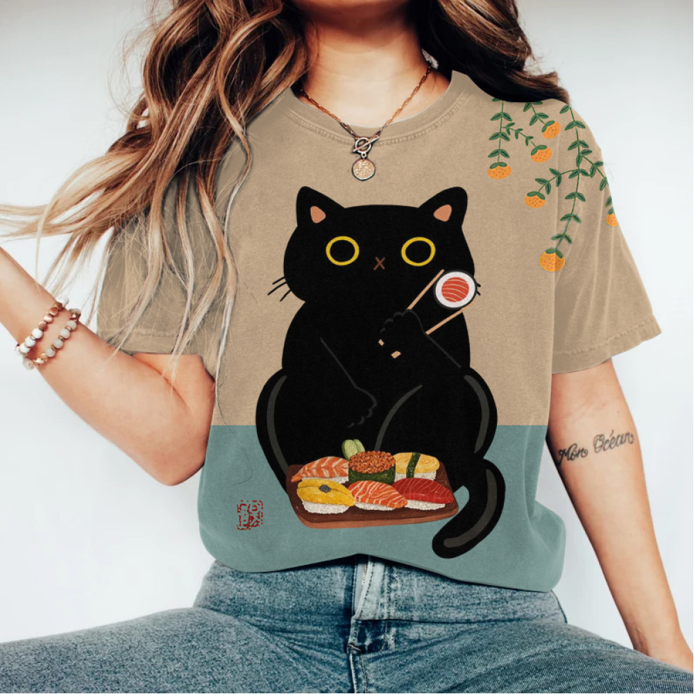 Abstract Creative Cute Black Cat Love Sushi Painting Art T-Shirt