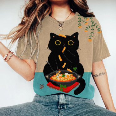 Abstract Creative Cute Black Cat Love Tteokbokki Painting Art T-Shirt