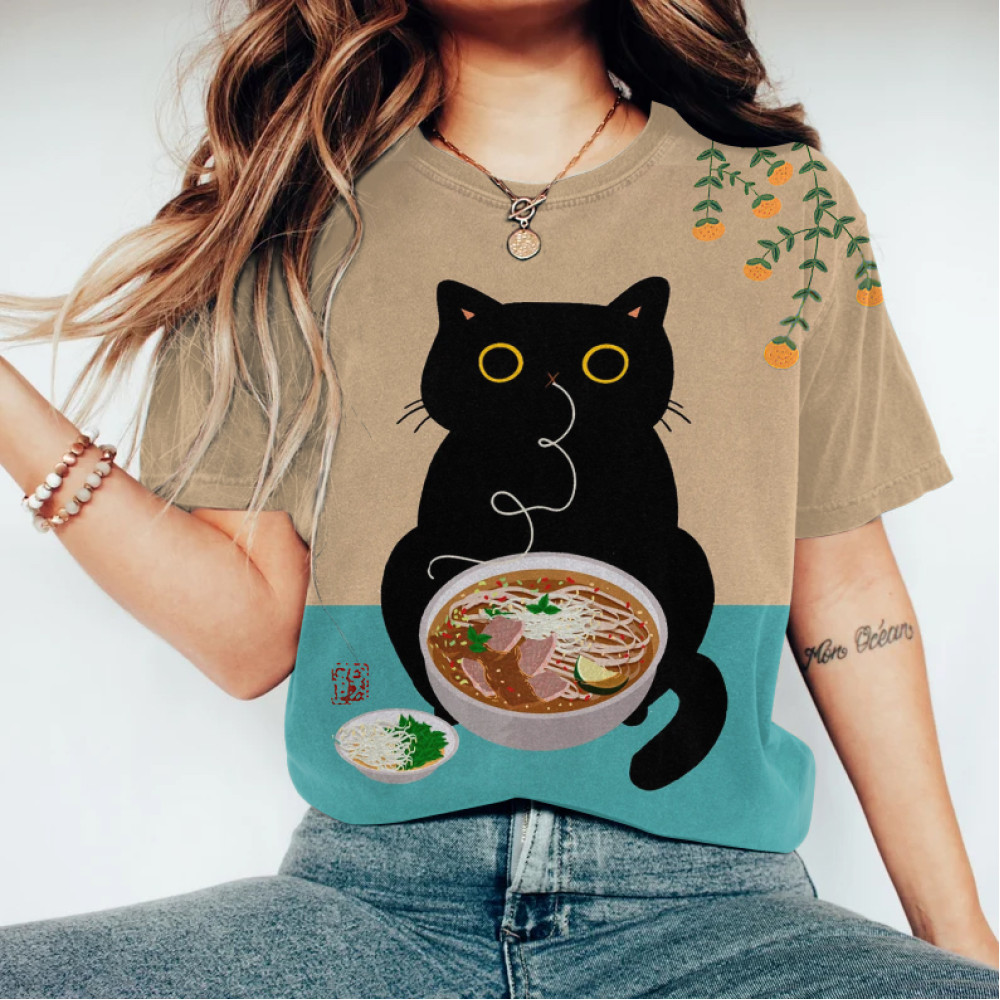 Abstract Creative Cute Black Cat Love Vietnam Pho Painting Art T-Shirt