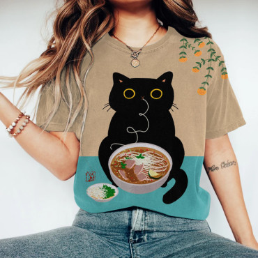 Abstract Creative Cute Black Cat Love Vietnam Pho Painting Art T-Shirt