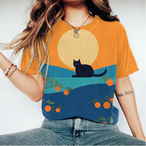 Abstract Creative Cute Black Cat Painting Art T-Shirt