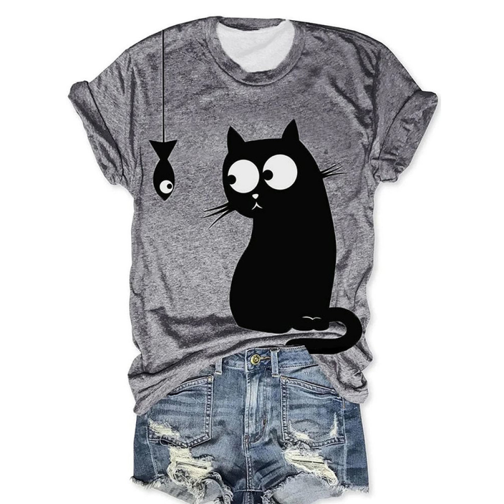 Abstract Creative  Cute Cat And Fish Drawing Painting Art T-Shirt