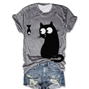 Abstract Creative  Cute Cat And Fish Drawing Painting Art T-Shirt