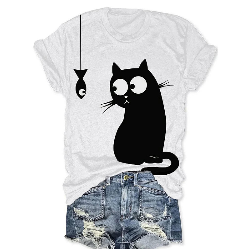 Abstract Creative  Cute Cat And Fish Drawing Painting Art T-Shirt
