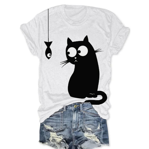Abstract Creative  Cute Cat And Fish Drawing Painting Art T-Shirt