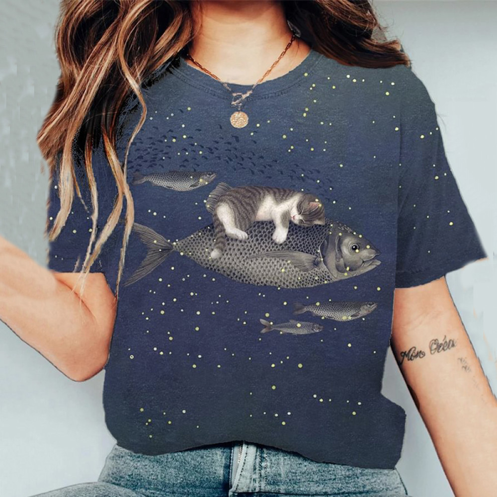 Abstract Creative Cute Cat And Fish In Starry Sky Painting Art T-Shirt