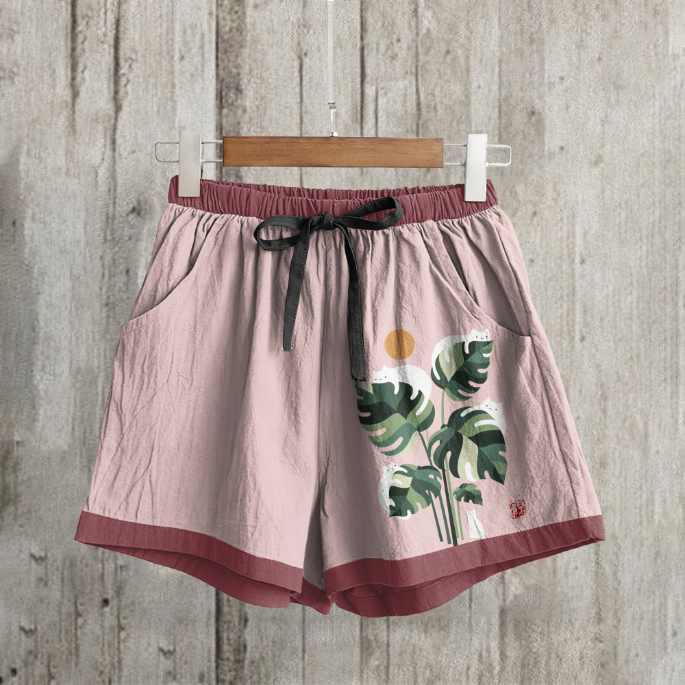 Abstract Creative Cute Cat And Plant Sun Painting Art Shorts