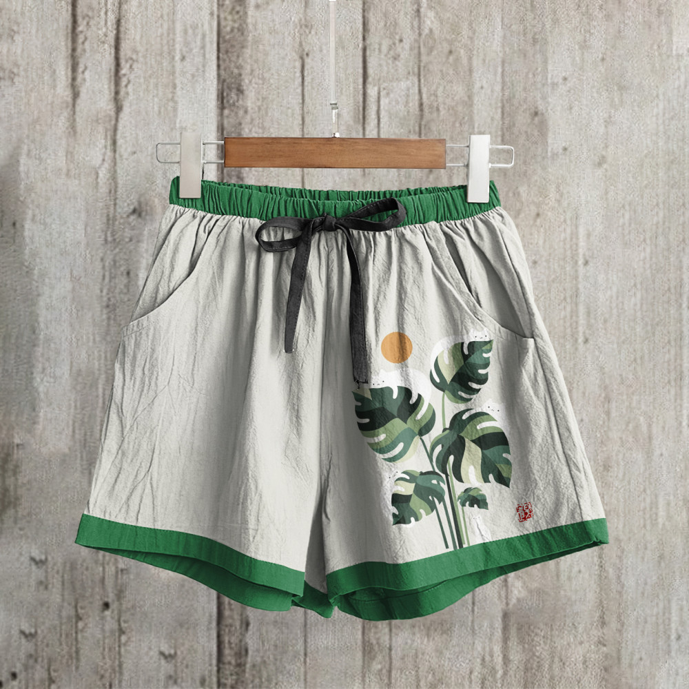 Abstract Creative Cute Cat And Plant Sun Painting Art Shorts