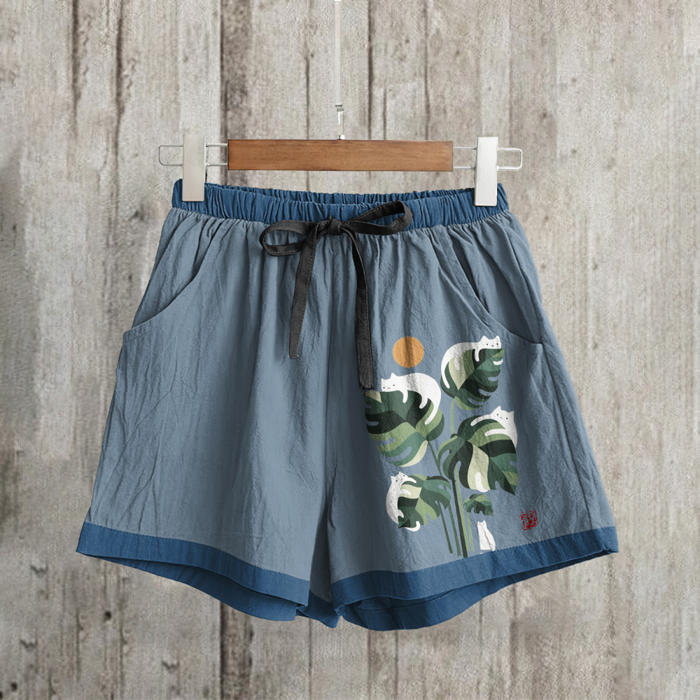 Abstract Creative Cute Cat And Plant Sun Painting Art Shorts