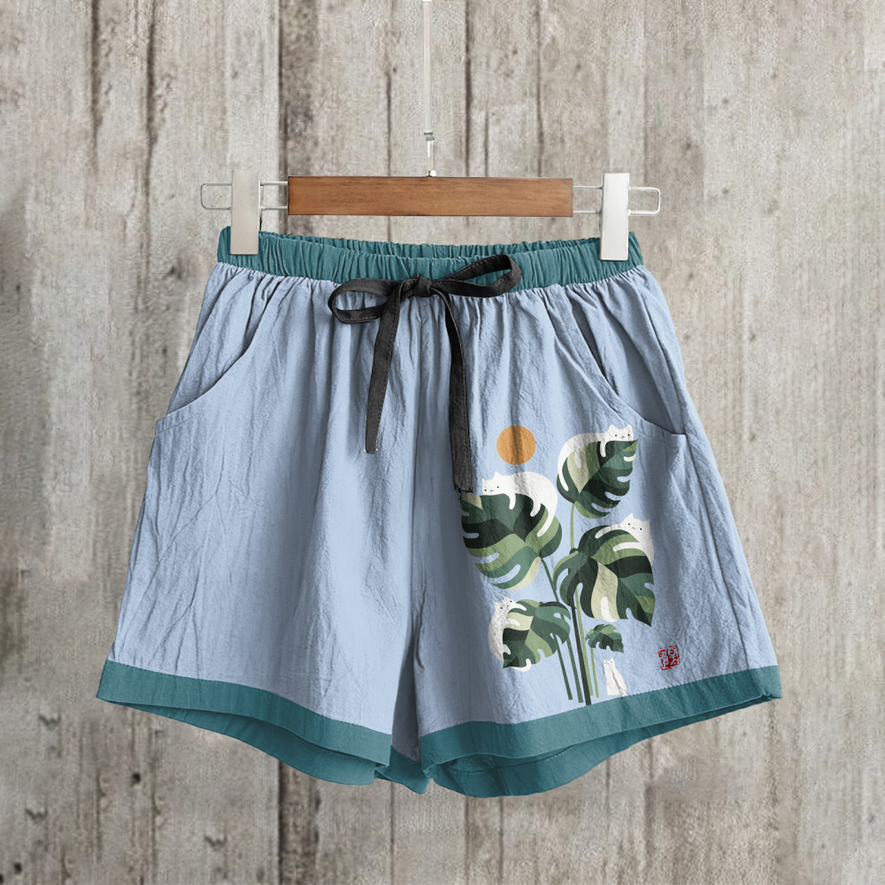 Abstract Creative Cute Cat And Plant Sun Painting Art Shorts