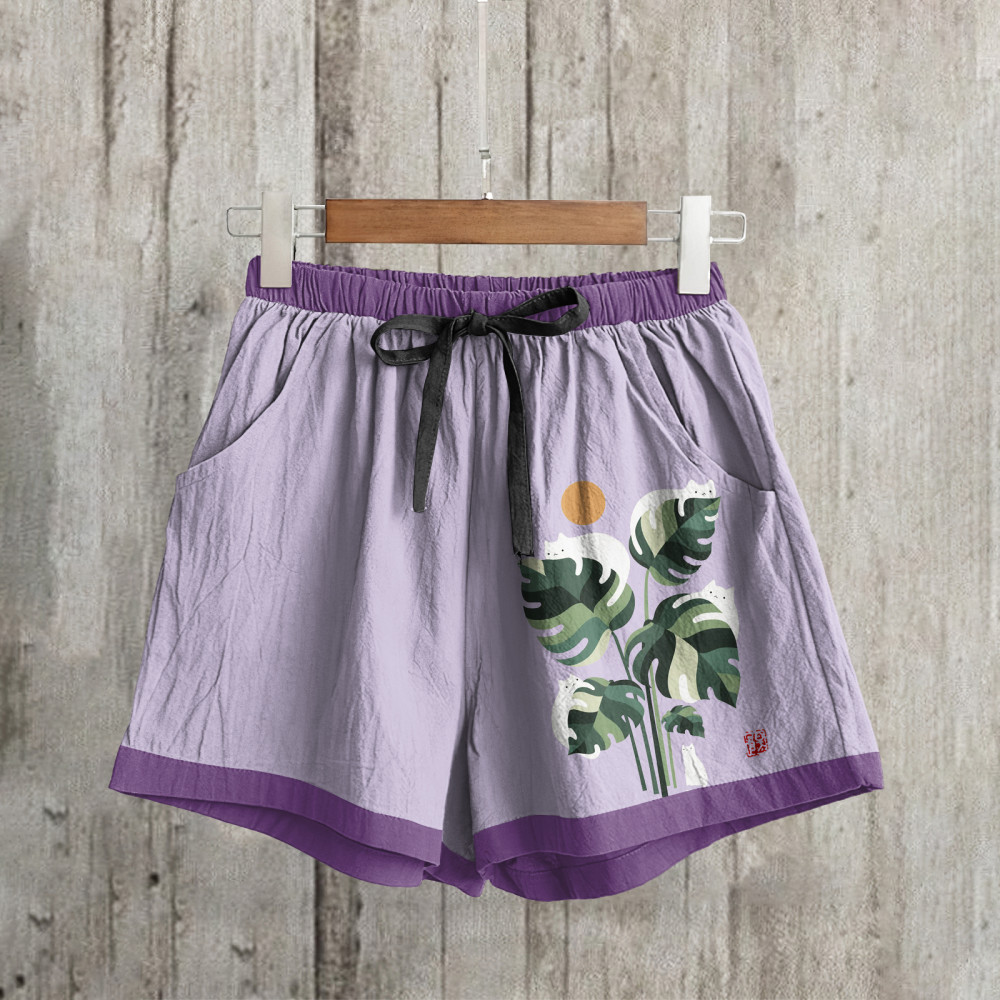 Abstract Creative Cute Cat And Plant Sun Painting Art Shorts