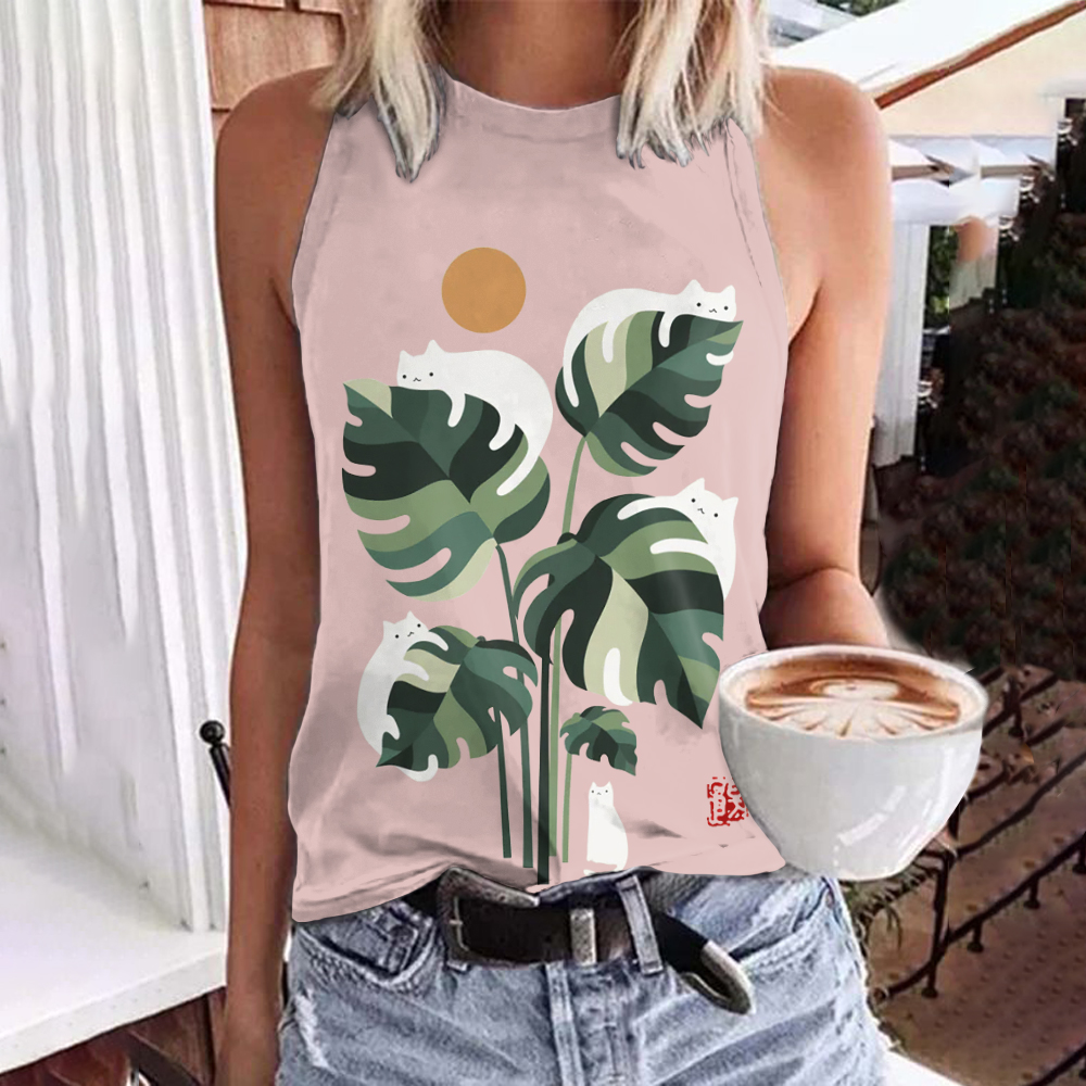 Abstract Creative Cute Cat And Plant Sun Painting Art Tank Top