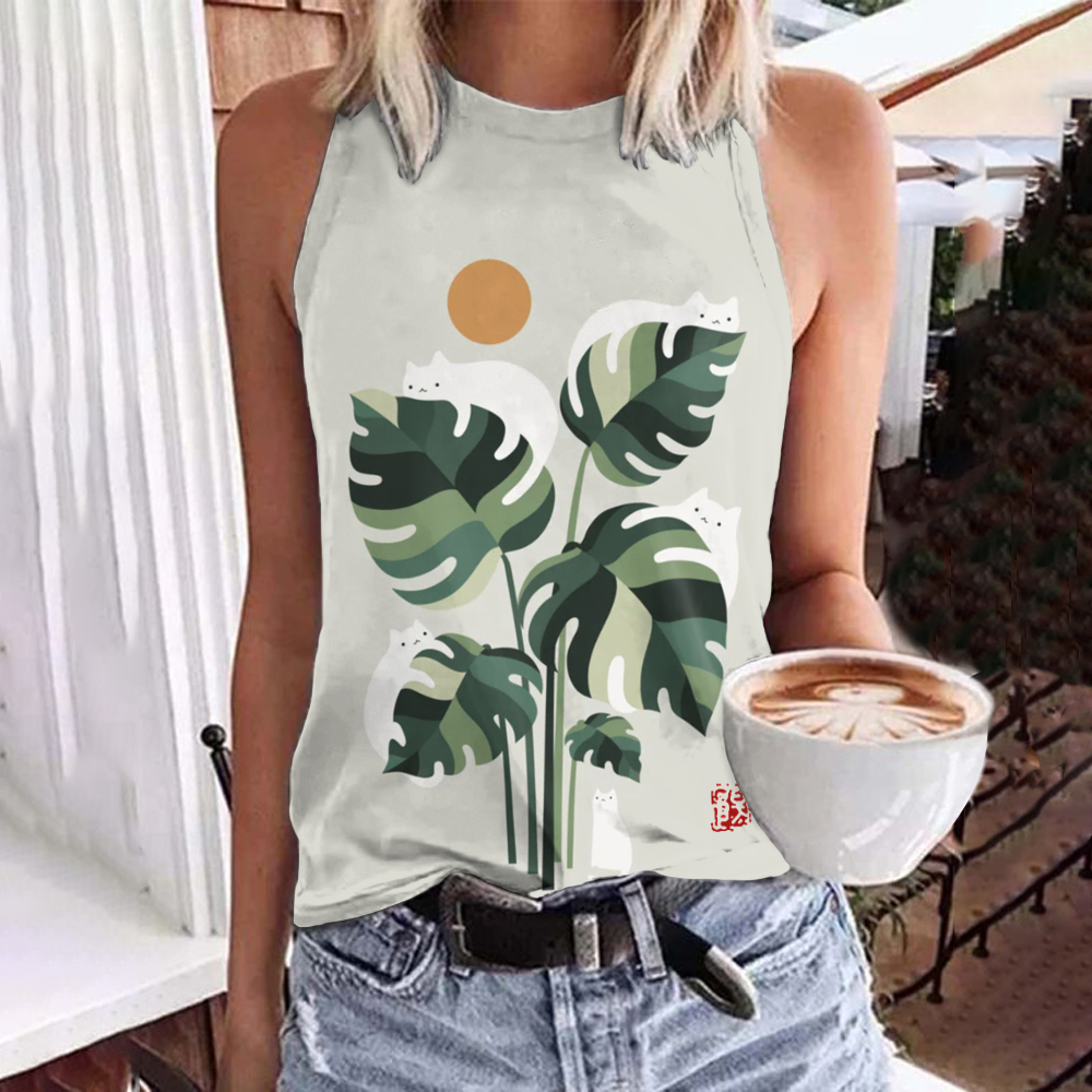 Abstract Creative Cute Cat And Plant Sun Painting Art Tank Top